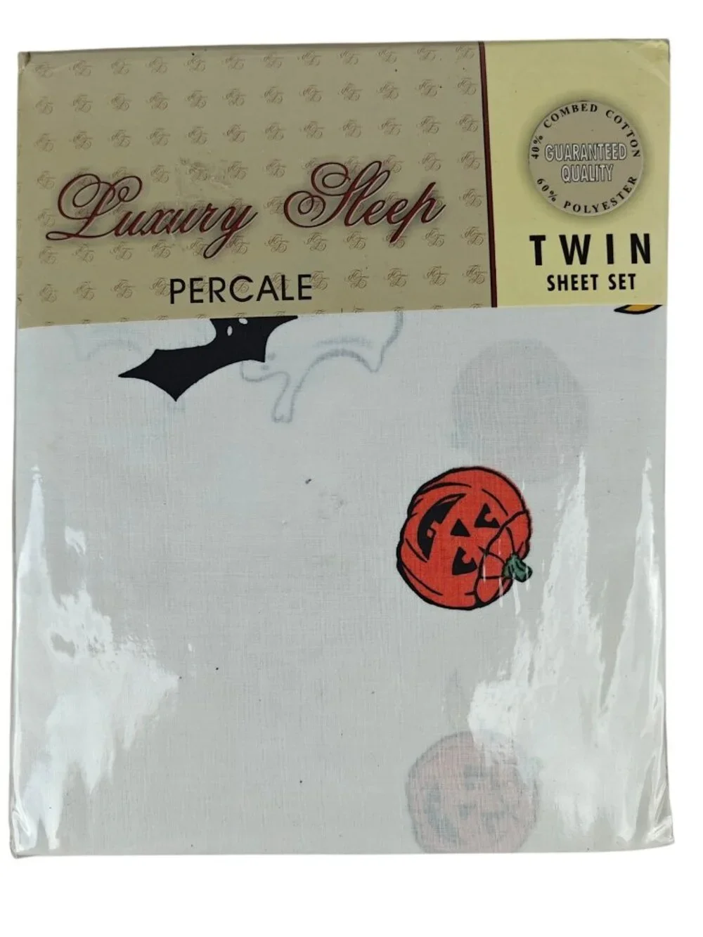 NEW Sealed Luxury Sleep Percale Twin Sheet Set Halloween Print Theme 40% Cotton